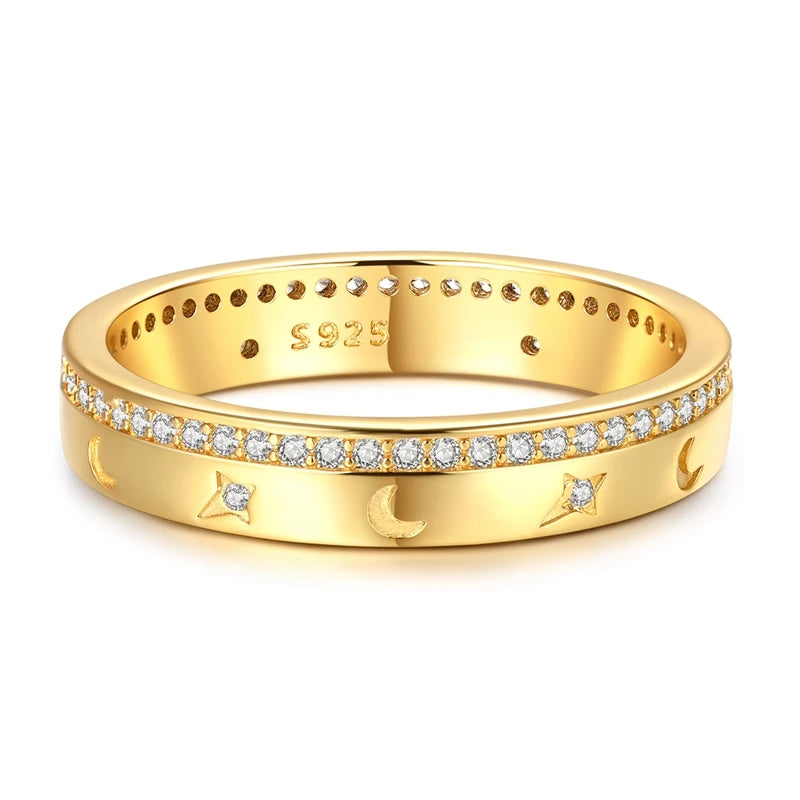Original 925 Sterling Silver Sparkling Gold Plated Star Firefly Moon Ring For Women Girls Jewelry Birthday Anniversary Gifts