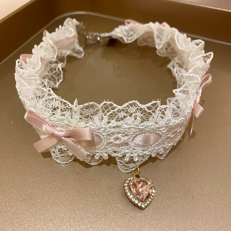 Pink Lace Bow Chokers Necklaces for Women Lolitas Heart Pendant Necklace Wide Ribbon Collar Cosplay Uniform Accessories