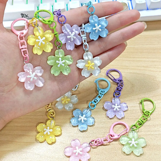 Simulated Sakura KeyChain Colored Transparent Flower Keyring Pendant Fashion Resin Bag Romantic Decoration Key Chain Ring Gift