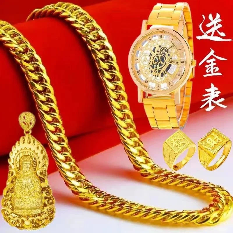 Plated 100% Real Gold 24k 999 Necklace Men's 999 Dominant Personality Fashion Jewelry 999 Permanent Color Pure 18K Gold Jewelry
