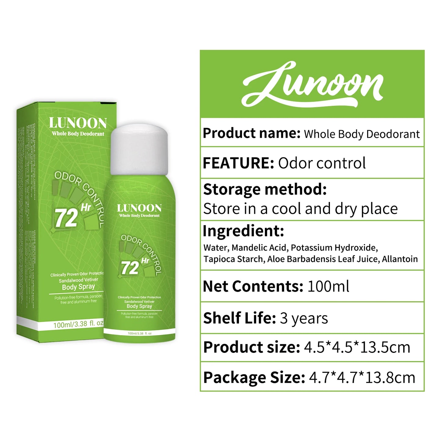 LUNOON Whole Body Deodorant Spray 100ml Underarm Foot Odor Eliminator Long Lasting Freshness Men Women Travel Essential