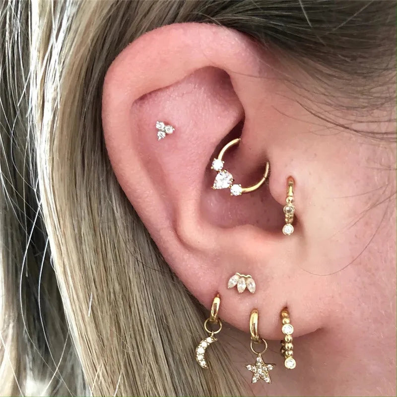 Glowshe 925 Sterling Silver Zircon Geometric Cartilage Piercing Hoop Earrings 1PCS Hip-hop Party Creative Jewelry Nose Rings