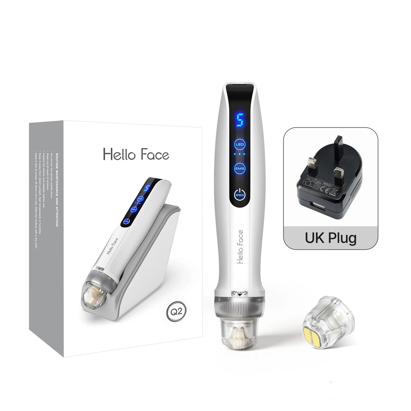 Hello Face Q2 Electric Microneedle, Smart Dock, 700mAh Battery, 5 Speeds, 2PCS Titanium needle 0.25 mm, Red/Blue LED and EMS