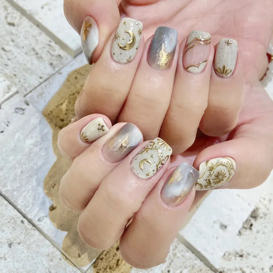 7pcs/Set Bronzing Gold/Silver Nail Art Sticker Sun Stars Moon Design Nail Decals 8*10CM Laser Bohemia Self-Adhesive Slider NLS