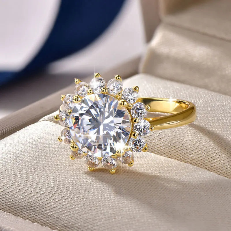 Rrjzz 9MM CZ Lab Diamond Sunshine Flower Ring 5A Cubic Zirconia Sunflower Ring for Women Valentine's Day Birthday Jewelry Gifts