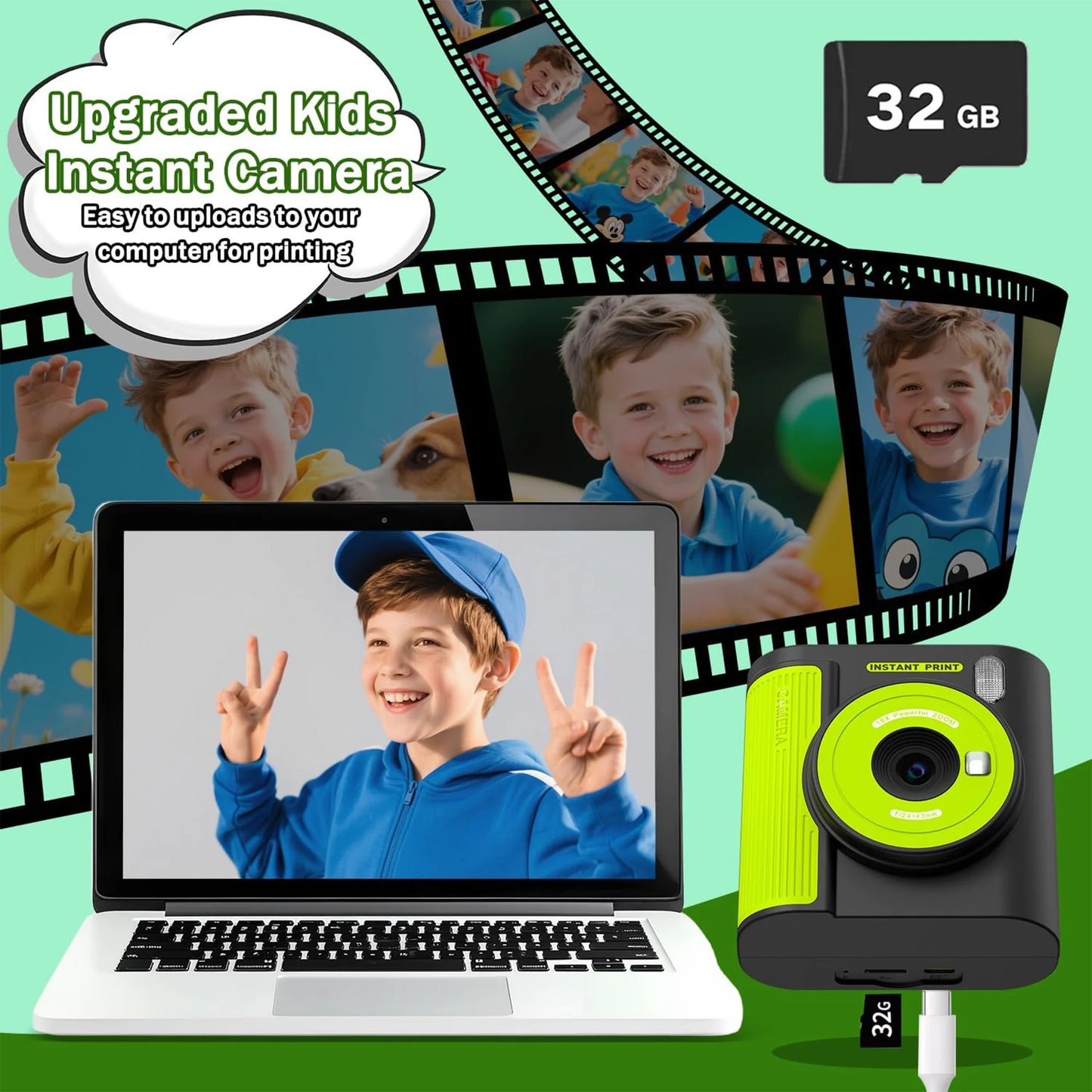 INOCTI Kids Print Camera, Toddler Digital Camera, Three printing paper&32G Card, for Girls Boys Christmas Birthday Gifts