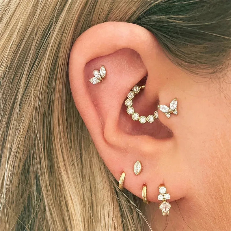 Glowshe 925 Sterling Silver Zircon Geometric Cartilage Piercing Hoop Earrings 1PCS Hip-hop Party Creative Jewelry Nose Rings