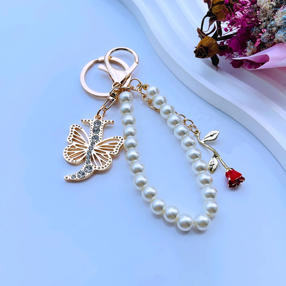 Exquisite Initial A-Z 26 Butterfly Capital Letters Red Rose Keyring Crystal Resin Pearl Beaded Keychain Bag Pendant Women Gift