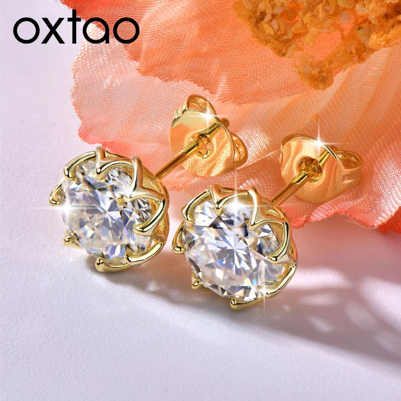 OXTAO 6mm/8mm Moissanite Flower Stud Earrings Female Jewelry 14K Gold Filled D Color Solitaire Diamond Piercing Earrings Gift