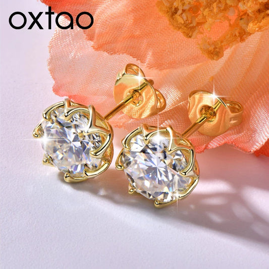 OXTAO 6mm/8mm Moissanite Flower Stud Earrings Female Jewelry 14K Gold Filled D Color Solitaire Diamond Piercing Earrings Gift