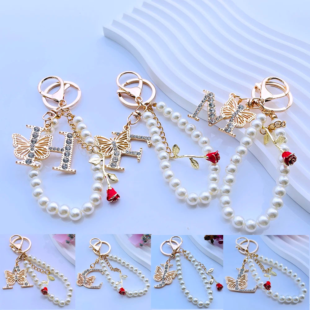 Exquisite Initial A-Z 26 Butterfly Capital Letters Red Rose Keyring Crystal Resin Pearl Beaded Keychain Bag Pendant Women Gift