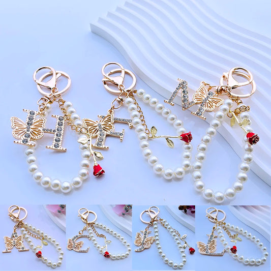 Exquisite Initial A-Z 26 Butterfly Capital Letters Red Rose Keyring Crystal Resin Pearl Beaded Keychain Bag Pendant Women Gift