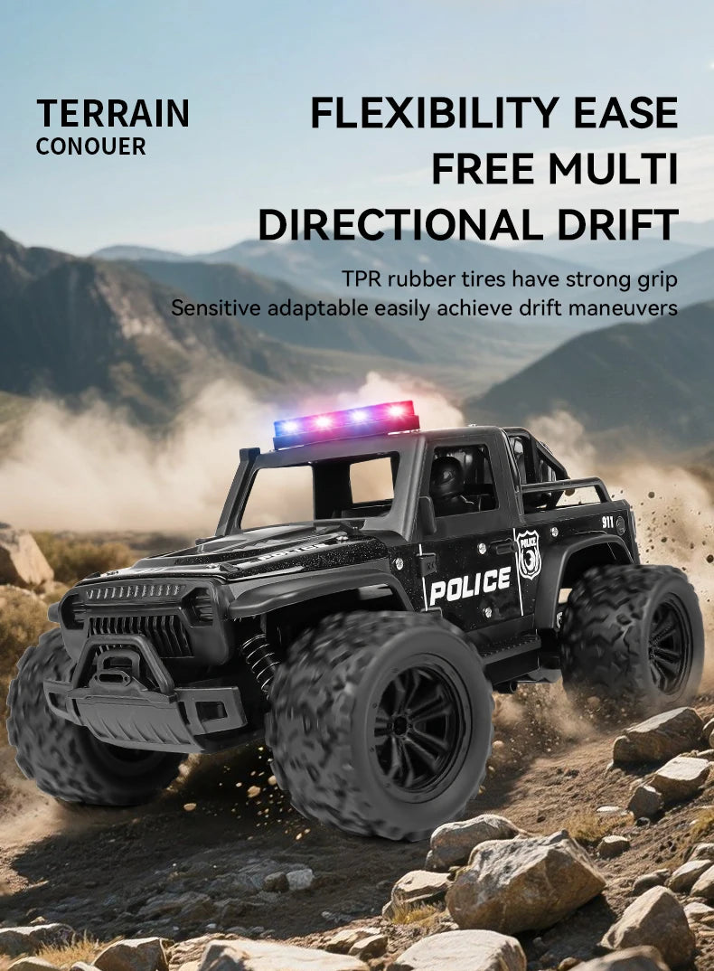 1:16 Alloy High Speed Off-Road Police Truck RC Car with Music Sound and LED Lights Outdoor Toy 2.4G Remote Control Cars