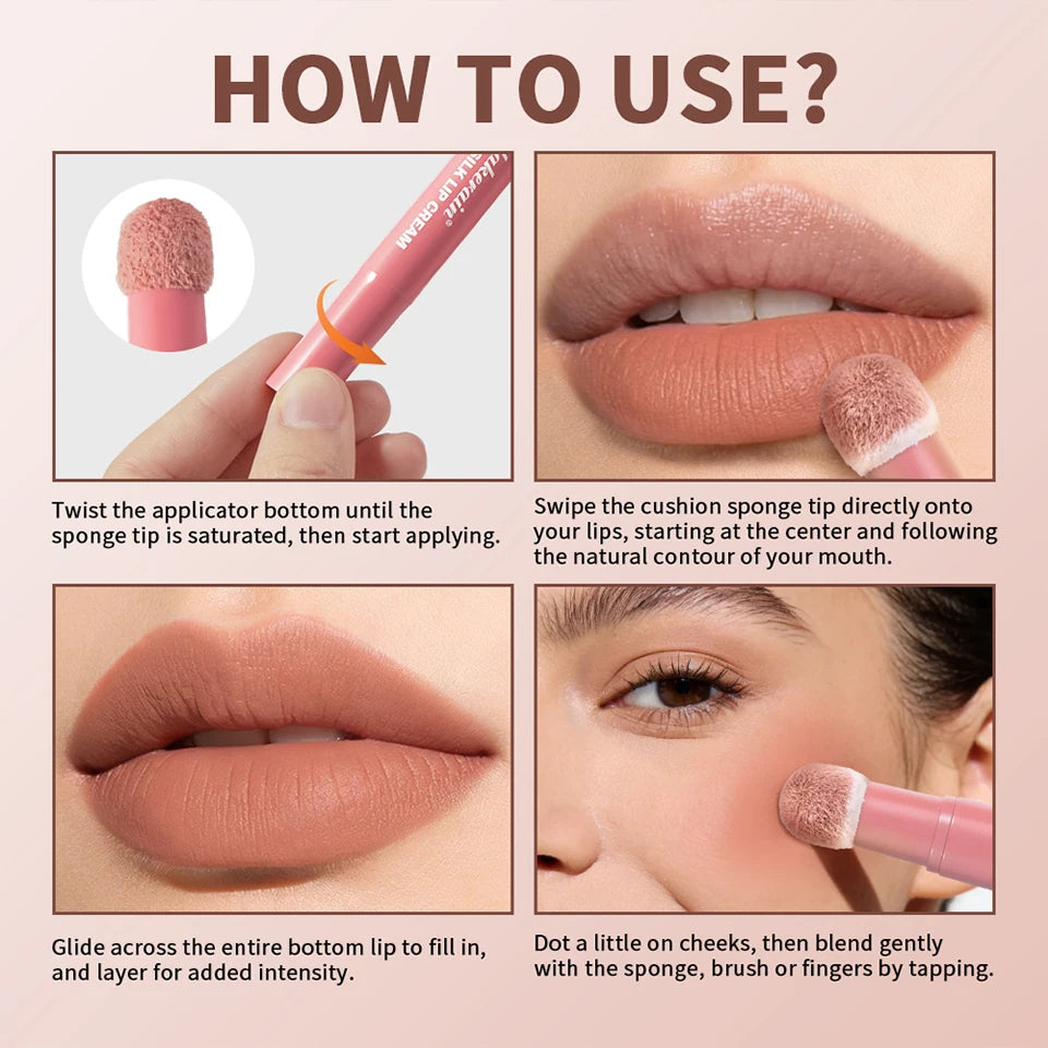 Cushion Silk Lip Cream Long Lasting Wear Waterproof Non Transfer Formula Matte Velvety Finish Lip Glaze Natural Cosmetics