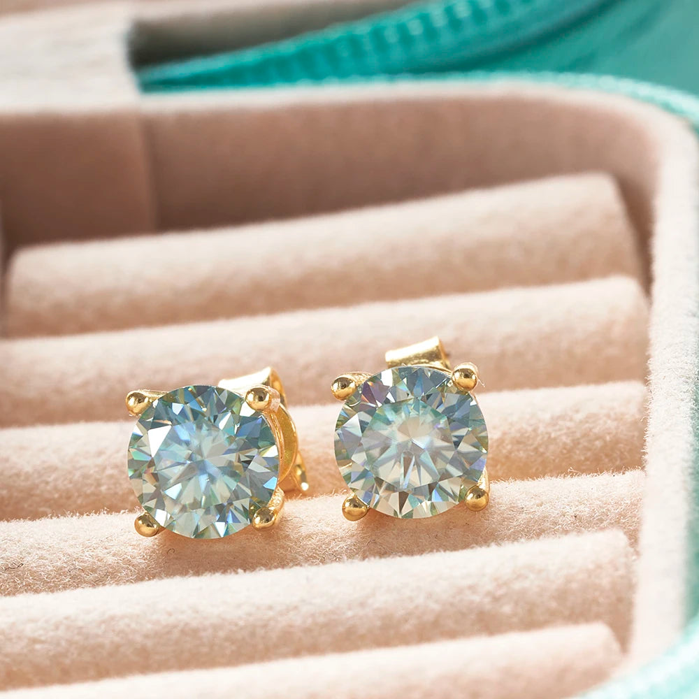 925 Sterling Silver Stud Earrings Round Brilliant Cut VVS1 White/Pink/Yellow Moissanite Test Passed Diamond for Women  Gift