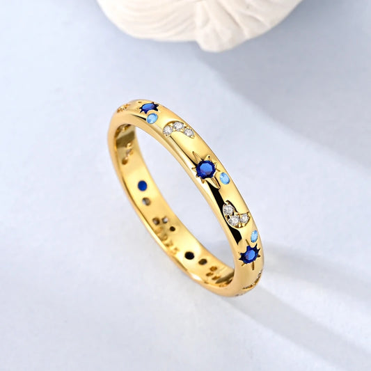 Original 925 Sterling Silver Sparkling Gold Plated Star Firefly Moon Ring For Women Girls Jewelry Birthday Anniversary Gifts