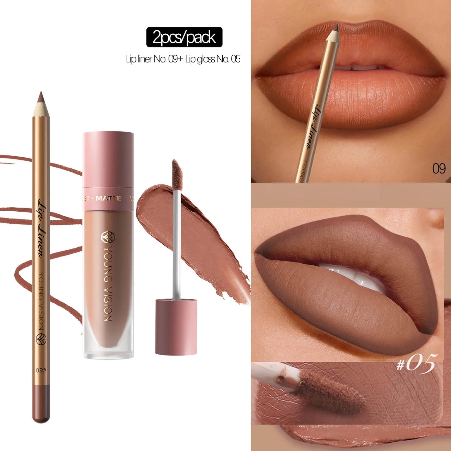 Lip Gloss and Lip Liner Set, Long-Lasting Matte Finish, Smooth and Precise Lip Liner with Non-Stick, Smudge-Proof Lip Gloss