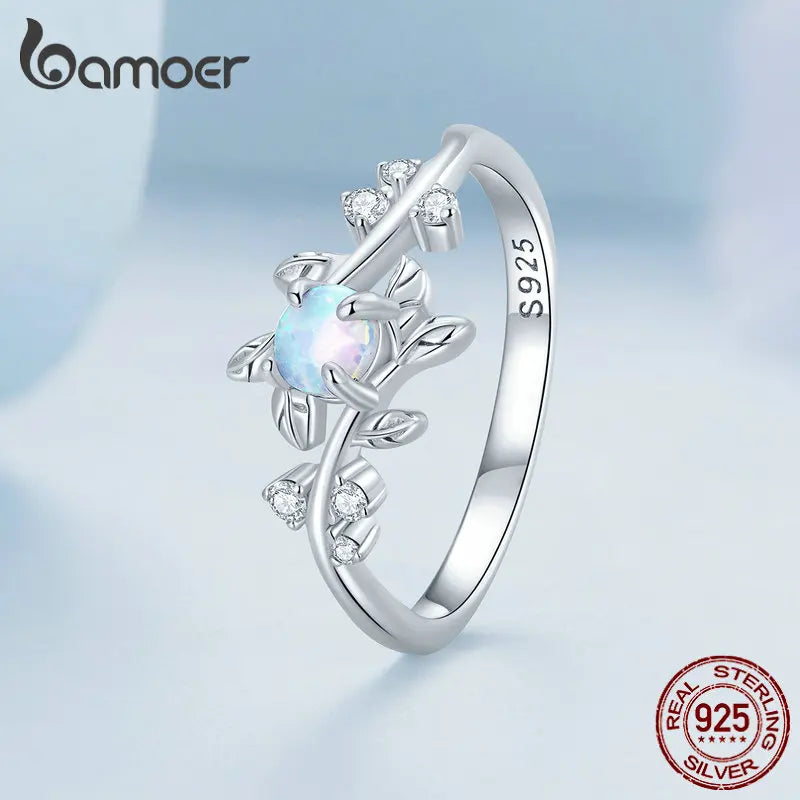 BAMOER 925 Sterling Silver Leaf Ring White Opal Rings Elegant Vine Ring for Women Birthday Gift with Jewelry Box BSR309