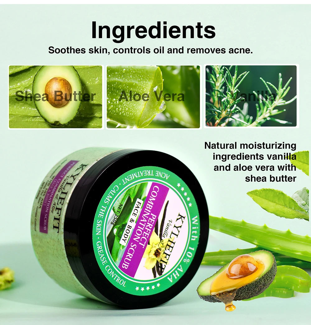 KYLIEFIT Natural Exfoliating Salt Body and Face Scrub, Lightening, Moisturizing, Remove Dark Spots, Acne, Stains, Wrinkles, 250g