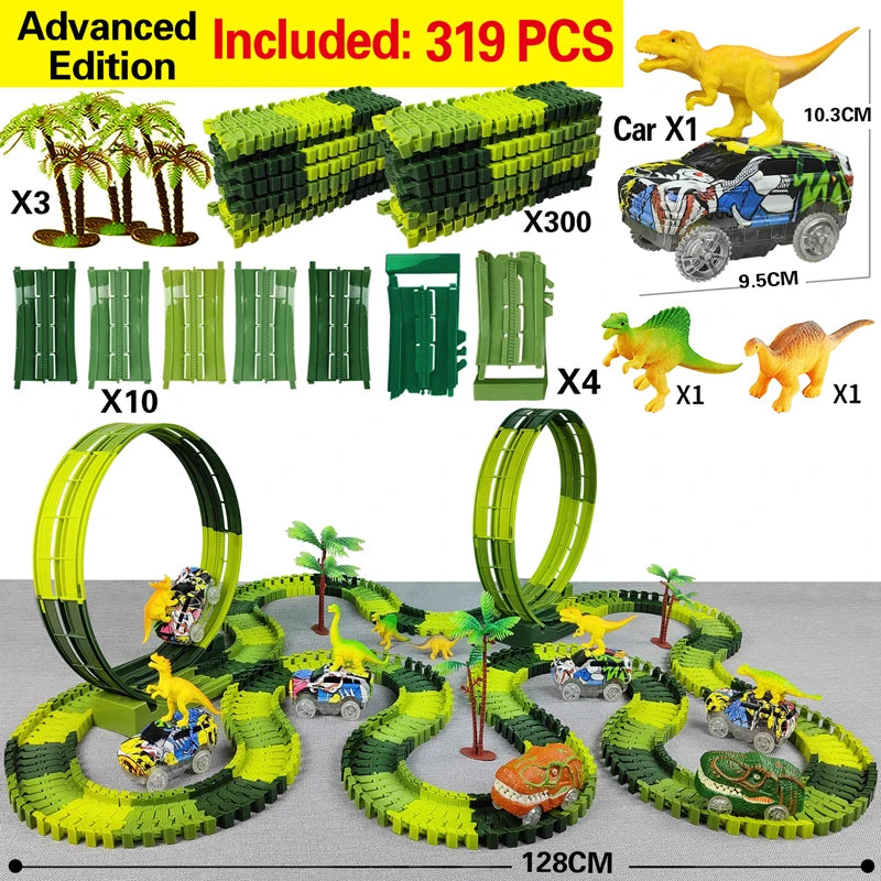 Magic Climbing Electric Dinosaur Car Track Railway Toy Car Set Bend Flexible Race Track Flash Light Car High Quality Toy For Kid