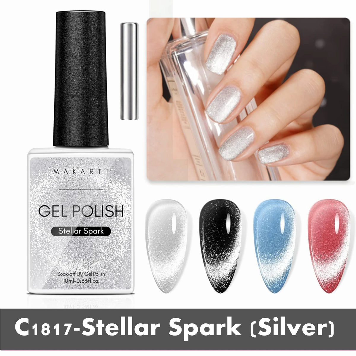 Makartt Cat Eye Gel Nail Polish, 10ml Glitter Holographic Nail Polish with Magnet, Reflective Translucent UV Gel Manicure