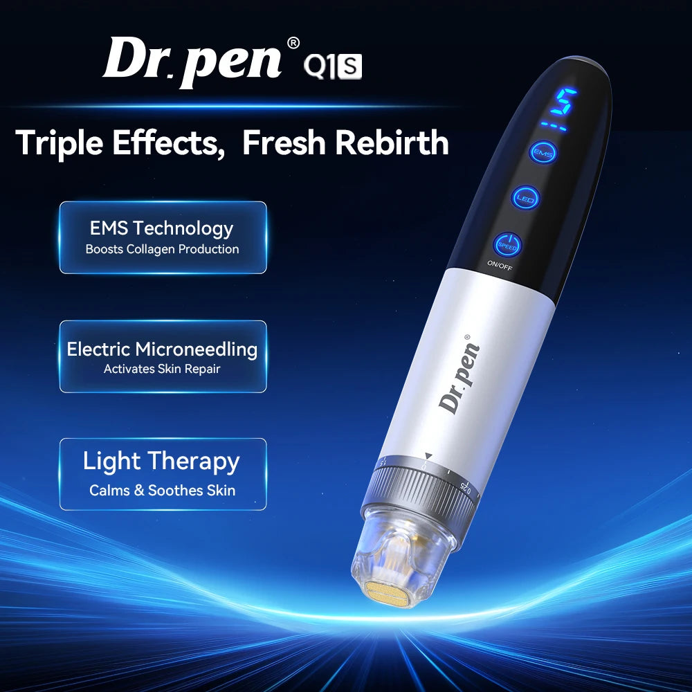 Dr.pen Q1S: Microneedle with EMS, Red/Blue LED, 700mAh Built-in Battery,2 Titanium Cartridge, Needle length 0.25 mm