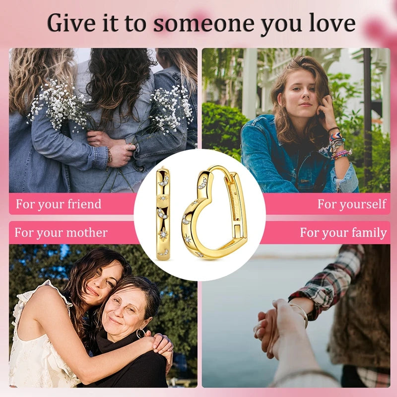 925 Sterling Silver Earrings Women Gold Plated Heart and Star Moon Hoop Earring For Anniversary Wedding Jewelry Gifts