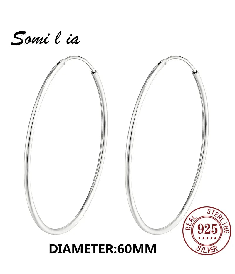 SOMILIA 925 Sterling Silver Platinum Big Hoop Earrings for Women Real Money Jewelry Female Fashion Womens Fine Earrings 10-90mm