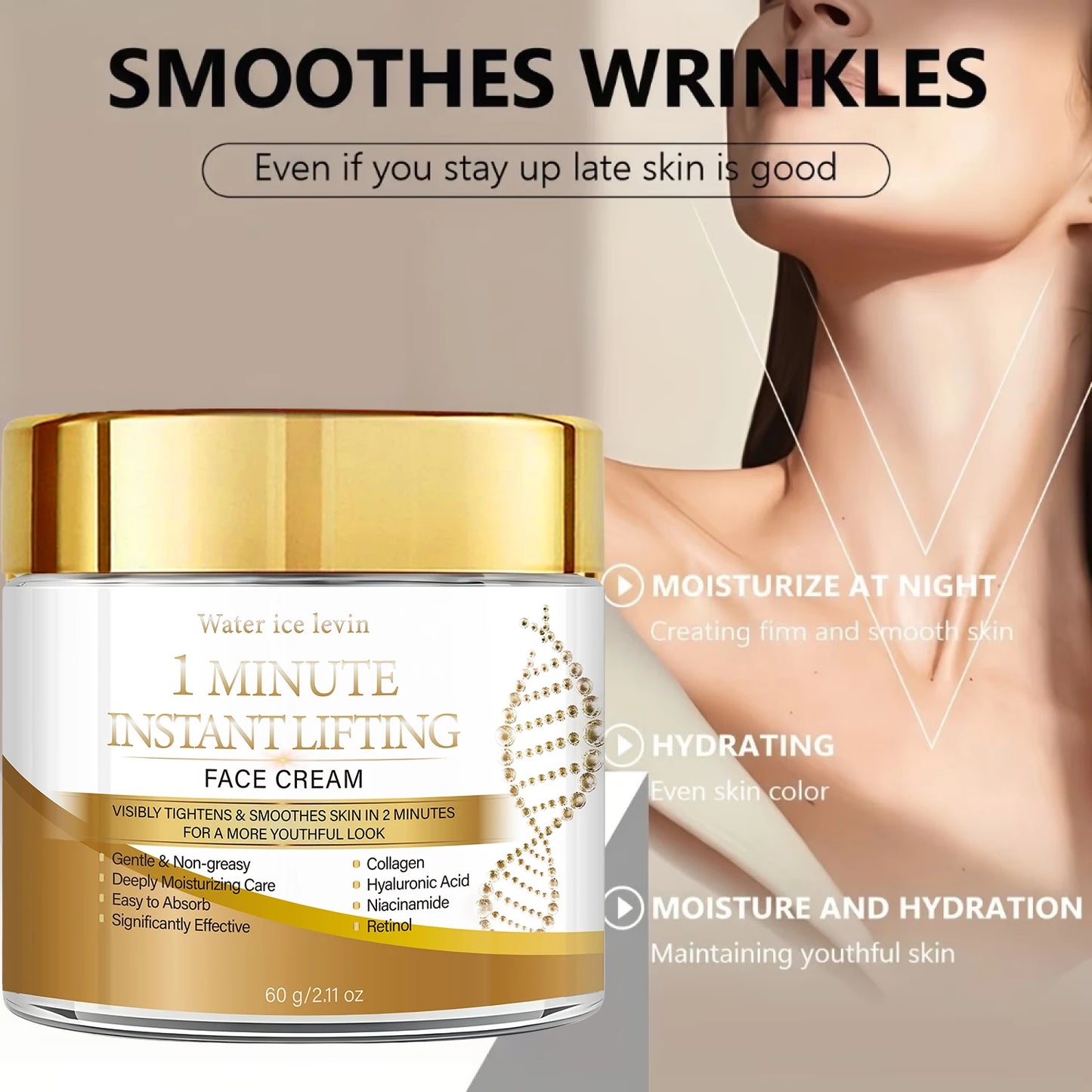 Water Ice Levin 1 Minute Instant Lifting Face Cream Collagen Hyaluronic Acid Niacinamide Retinol Moisturizing Firming Anti Aging