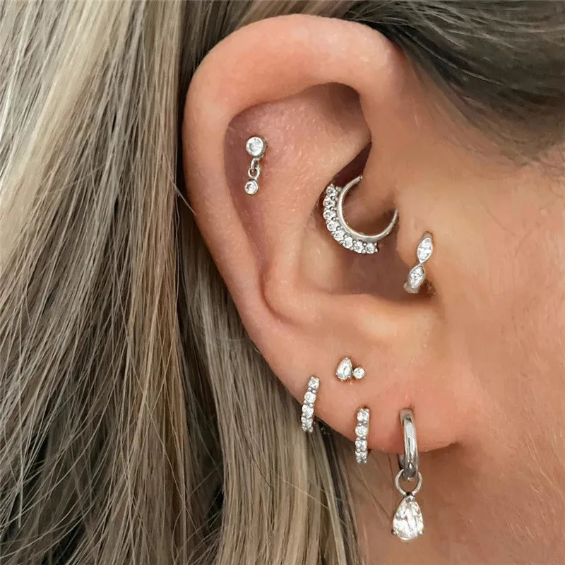 Glowshe 925 Sterling Silver Zircon Geometric Cartilage Piercing Hoop Earrings 1PCS Hip-hop Party Creative Jewelry Nose Rings