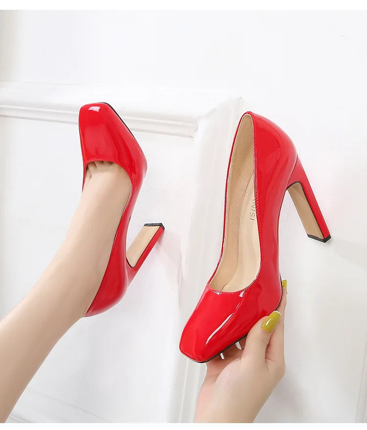 Female Patent Leather Pumps Square Toe Spring Summer Women Shoes Elegant Square High Heels Thick Heel Big Size 43 44 45 46
