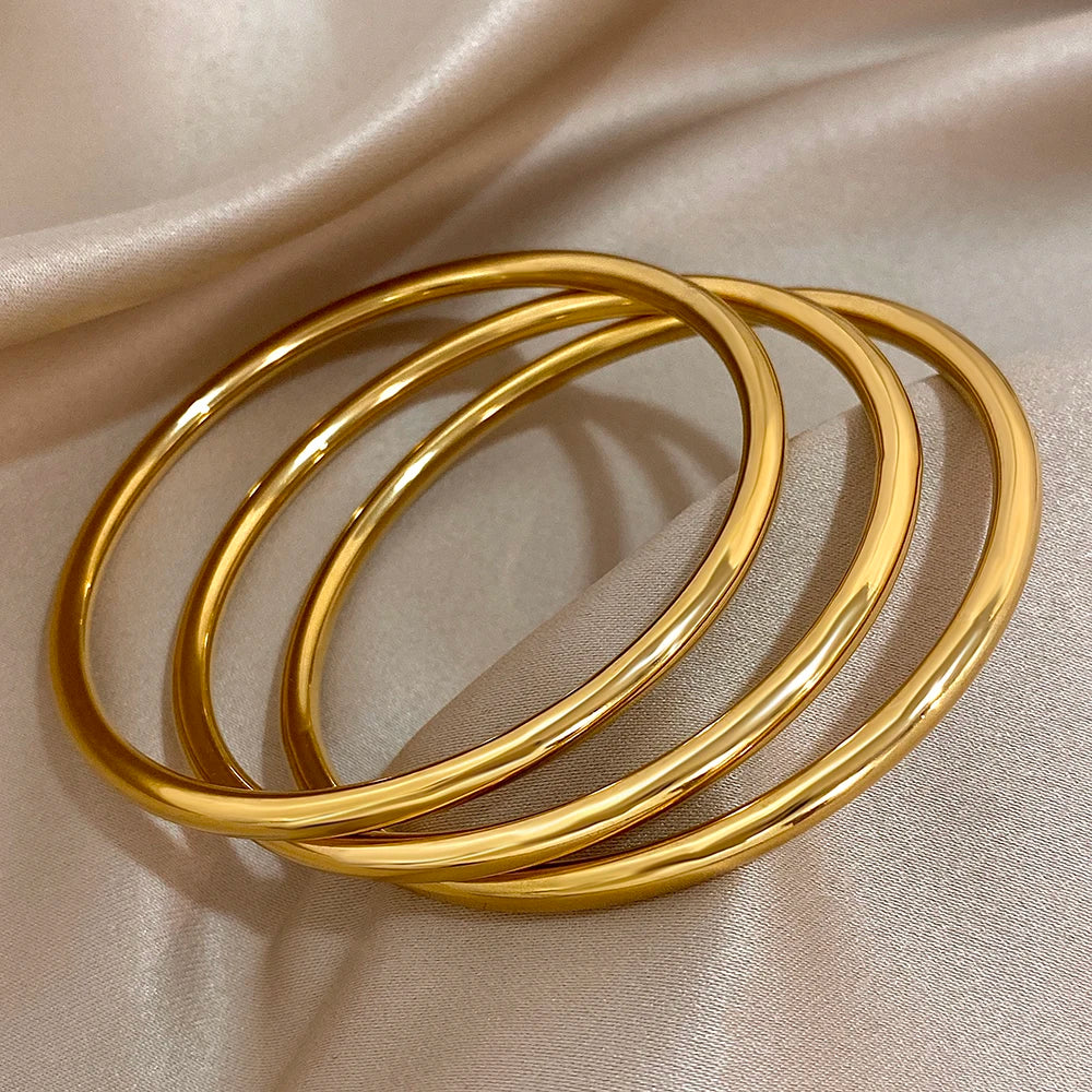 Greatera 3pcs/set Gold/Sliver Color Stainless Steel Bangle For Women Tide 2.7mm Wide Coil Multi-layer Plain Bracelet Jewelry