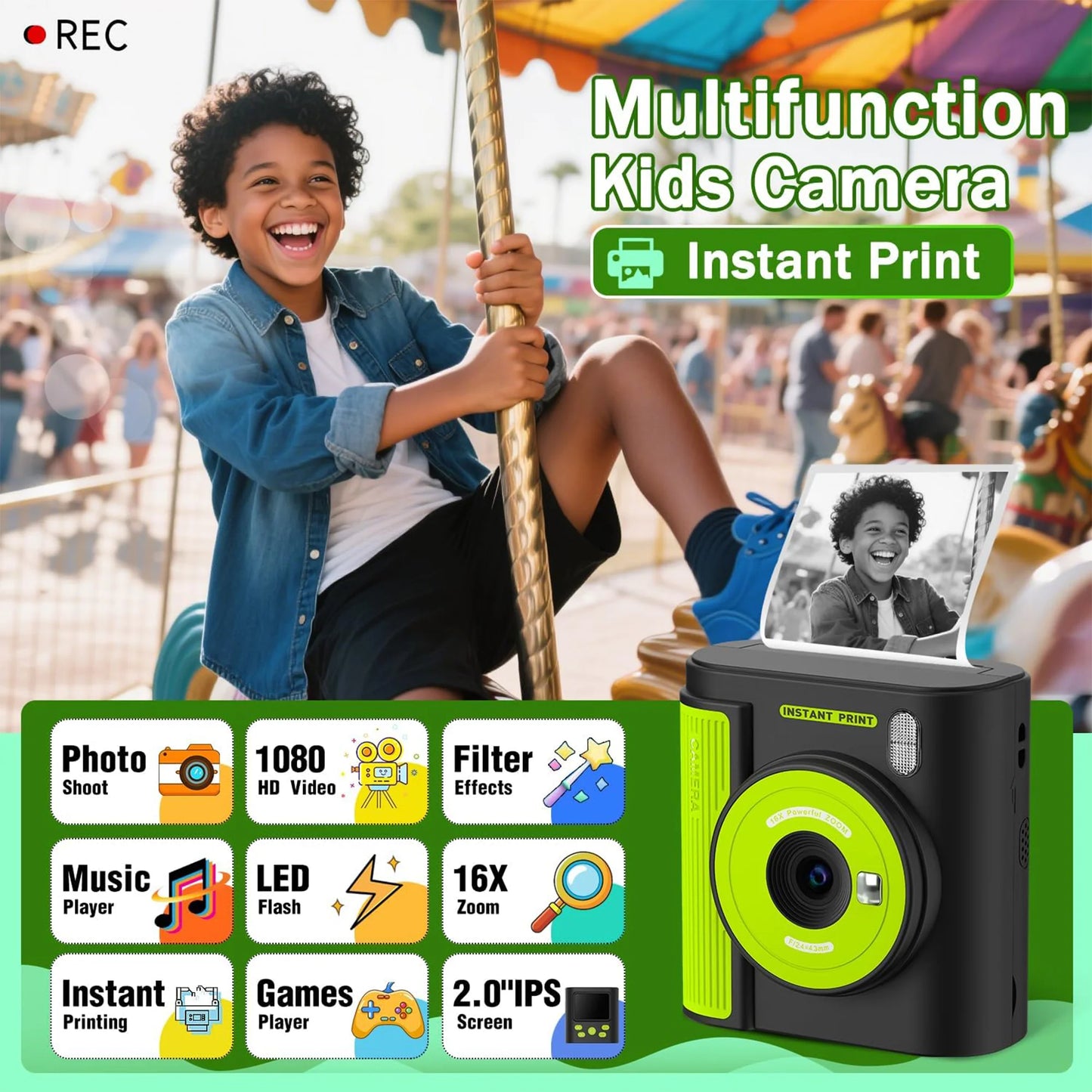 INOCTI Kids Print Camera, Toddler Digital Camera, Three printing paper&32G Card, for Girls Boys Christmas Birthday Gifts