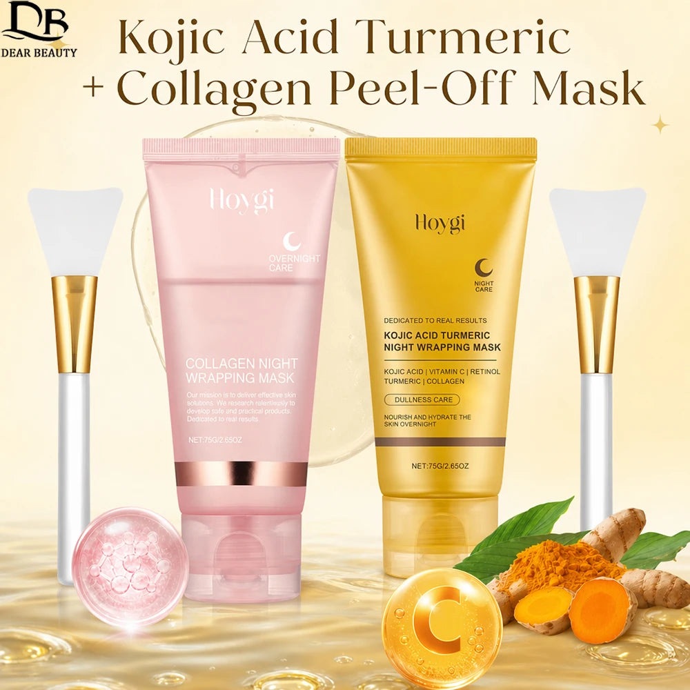 Collagen Peel Off Facial Mask + Kojic Acid Turmeric Overnight Wrapping Mask Anti Aging Nourishes Glowing Skin Peel Off Face Mask
