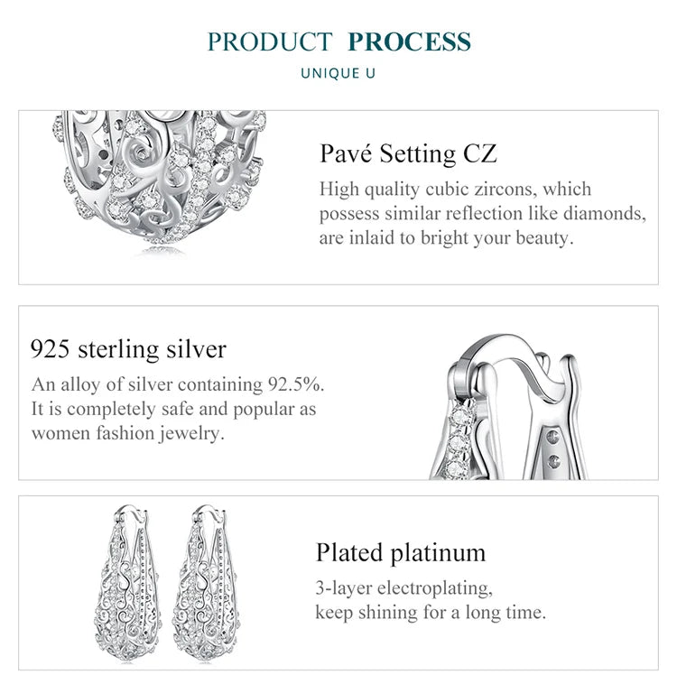 Bamoer 925 Sterling Silver Decorative Vine Hollow Pattern Hoop Earrings Waterdrop Shape Ear Buckles for Women Luxury Jewelry