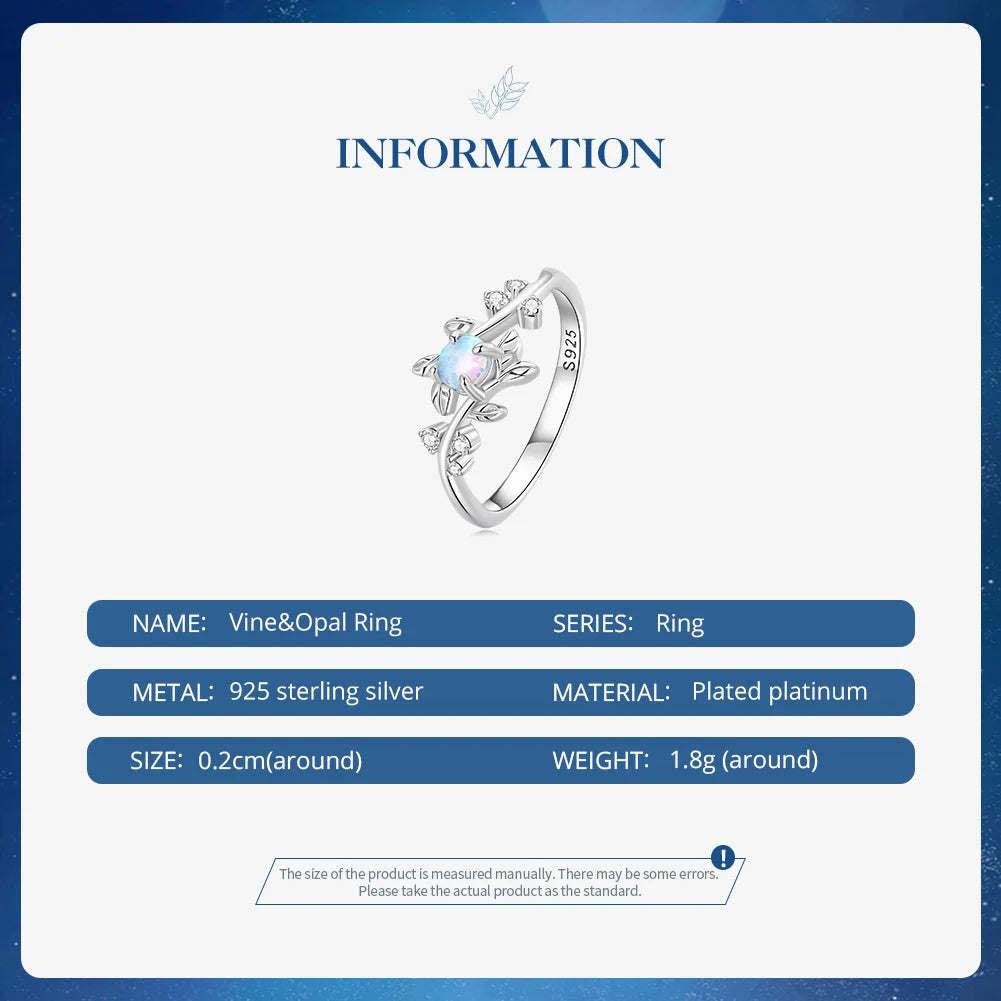 BAMOER 925 Sterling Silver Leaf Ring White Opal Rings Elegant Vine Ring for Women Birthday Gift with Jewelry Box BSR309