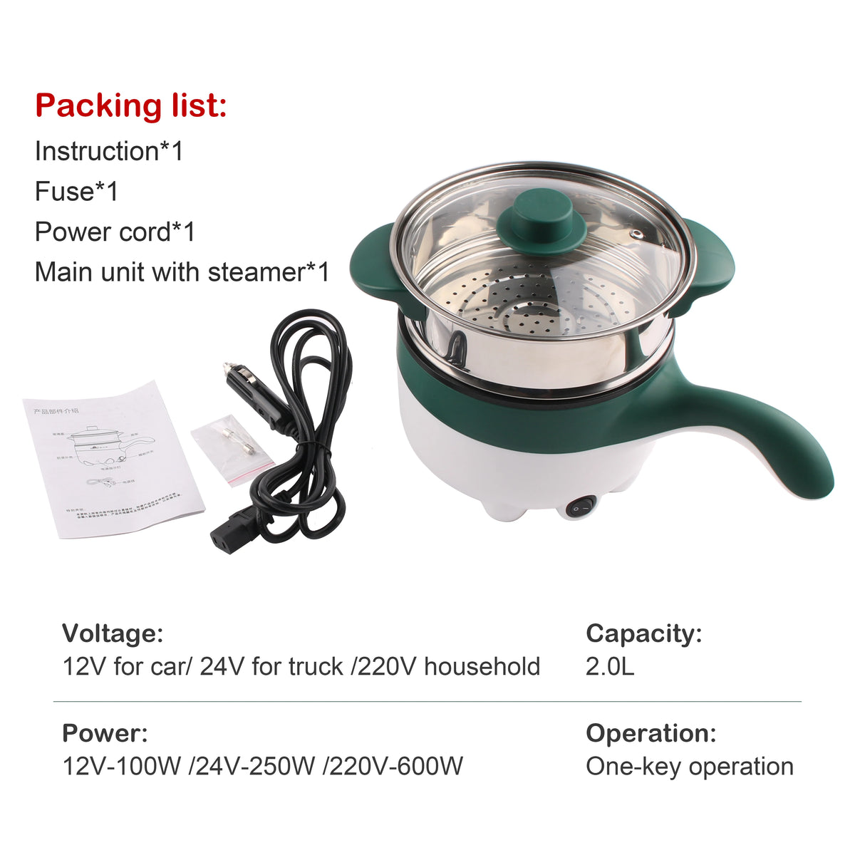 2L Multicooker for Car Truck 12V 24V Non-stick Electric Rice Cooker Food Steamer Stir-fry Pan Car-mounted Hot Pot Noodles Boiler