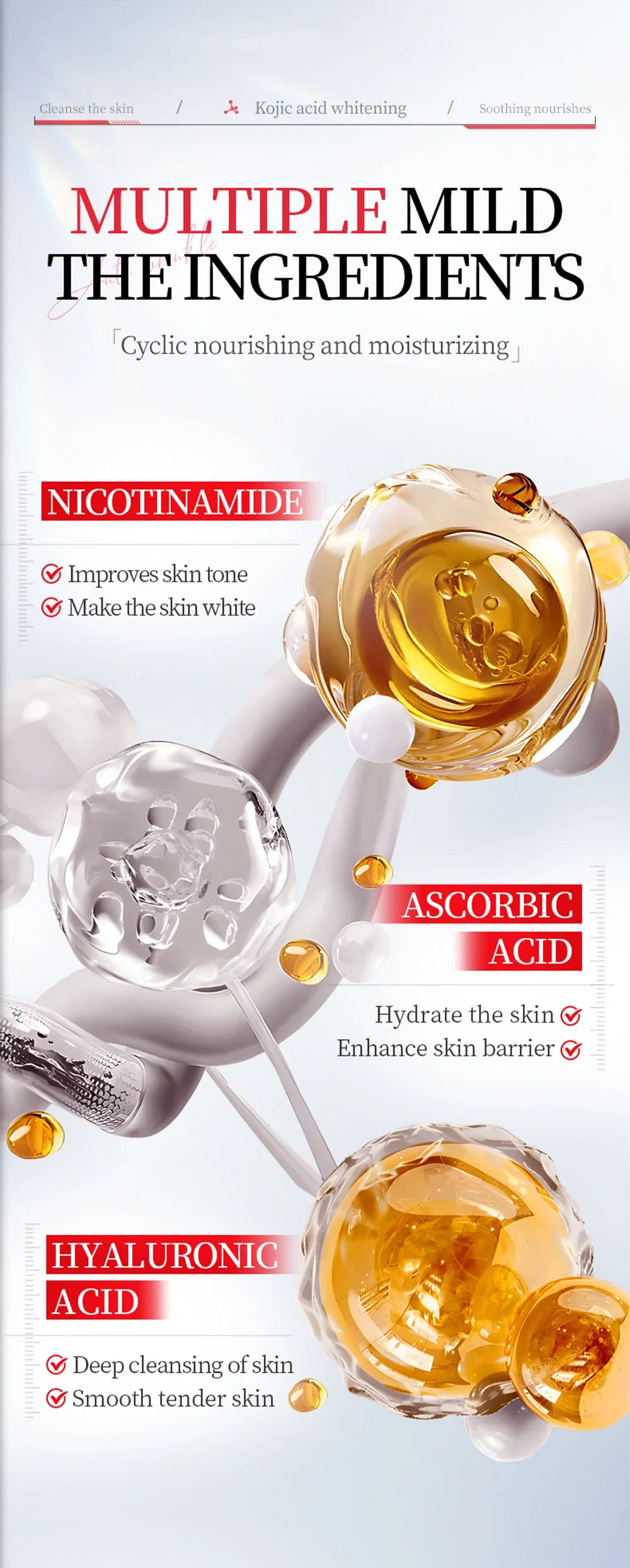 Kojic Acid Whitening Cleansing Soap, Facial And Body Soap Containing Niacinamide And Hyaluronic Acid, With A Foaming Net.