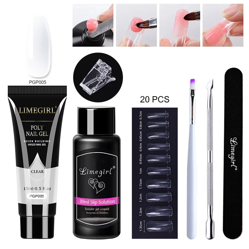 15ml Poly Nail Gel Complete Set for Nail Extension Glitter Solid Color Gel Polish Kit Quick Extension Gel Soak Nail Art DIY Nail