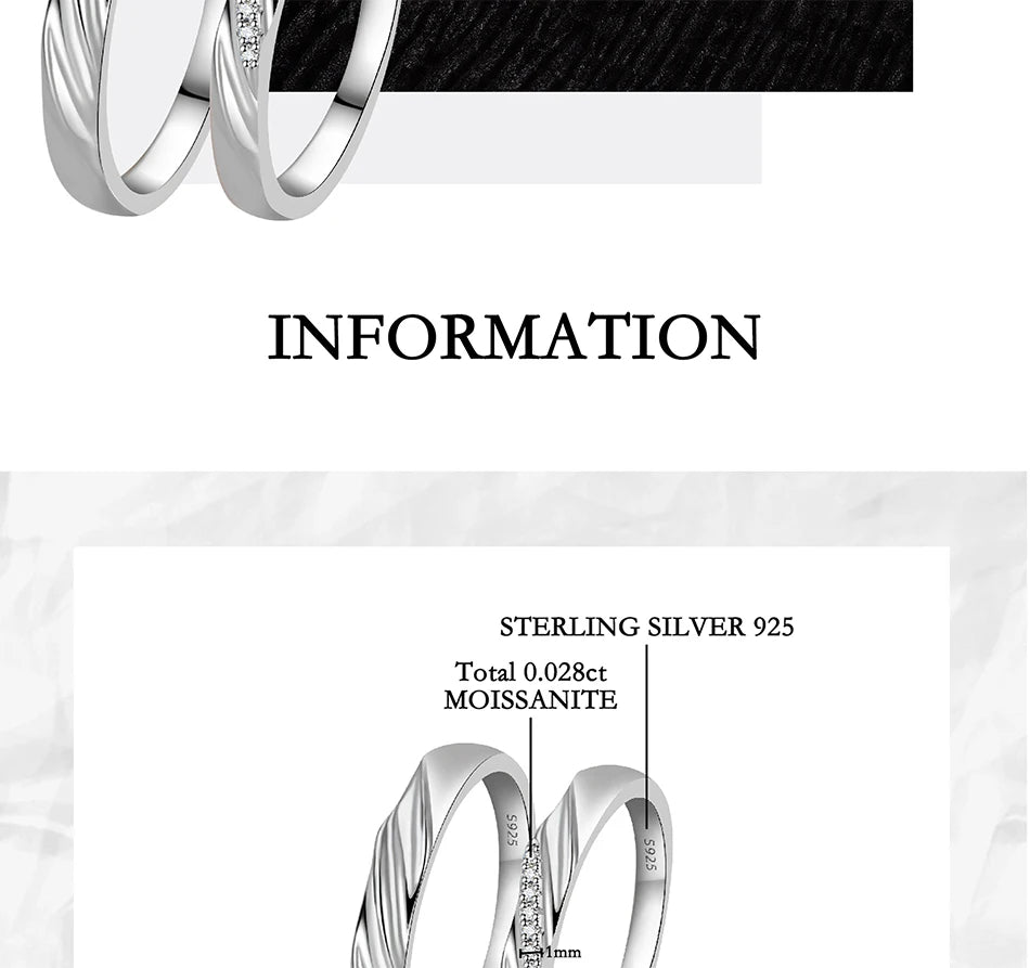 PERFANY  S925 Pure Silver Moissanite Ring for Women Men Classic Couple Ring Wedding Jewelry Christmas Gift