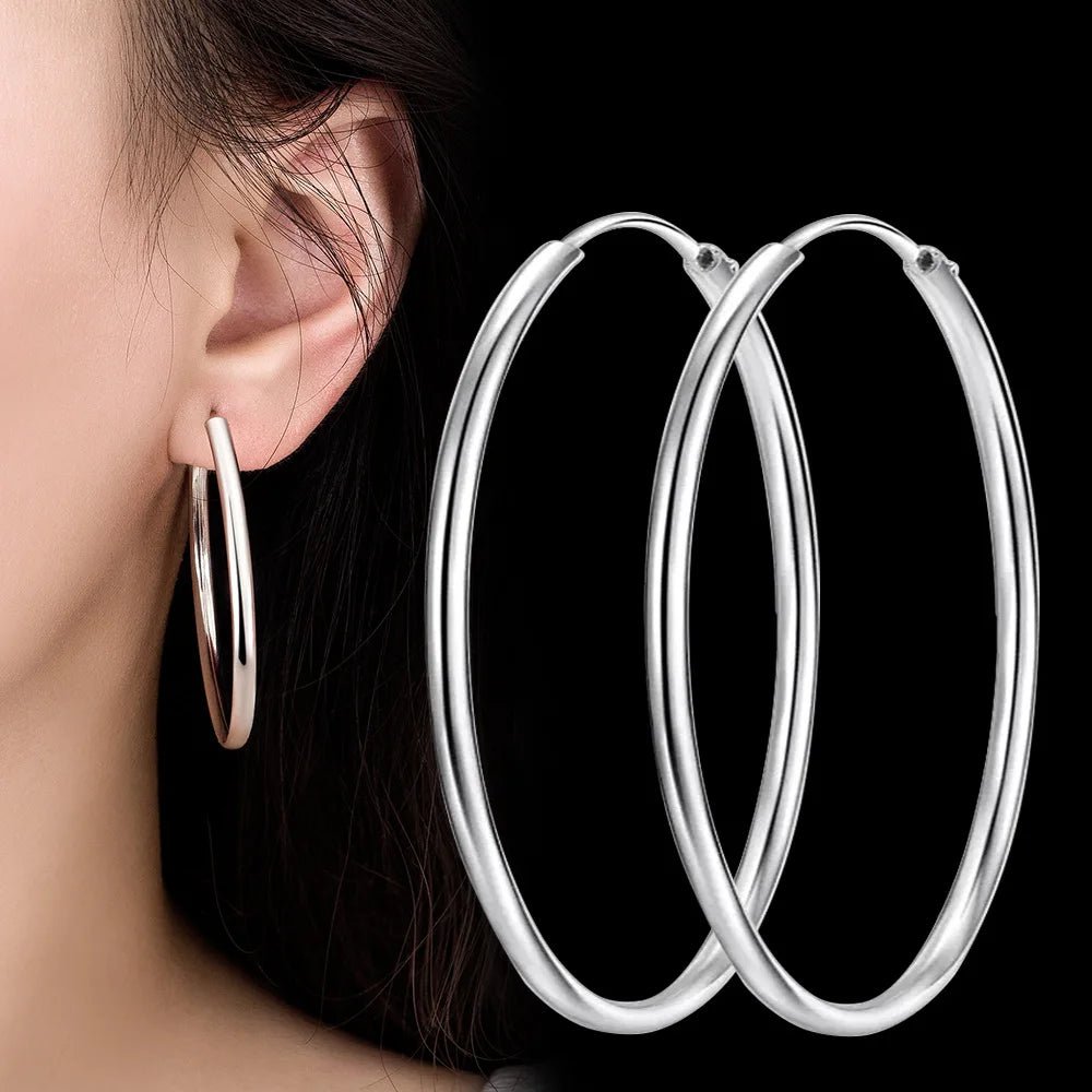 Real 925 Sterling Silver Women's New Jewelry Fashion Round Hoop Earrings FQL23634