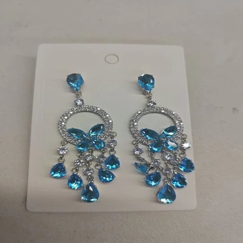 Creative Round Butterfly Earrings for Women Sparkling Rhinestone Water Drop Tassel Earring Elegant Fashion Jewelry Dress Gift C1