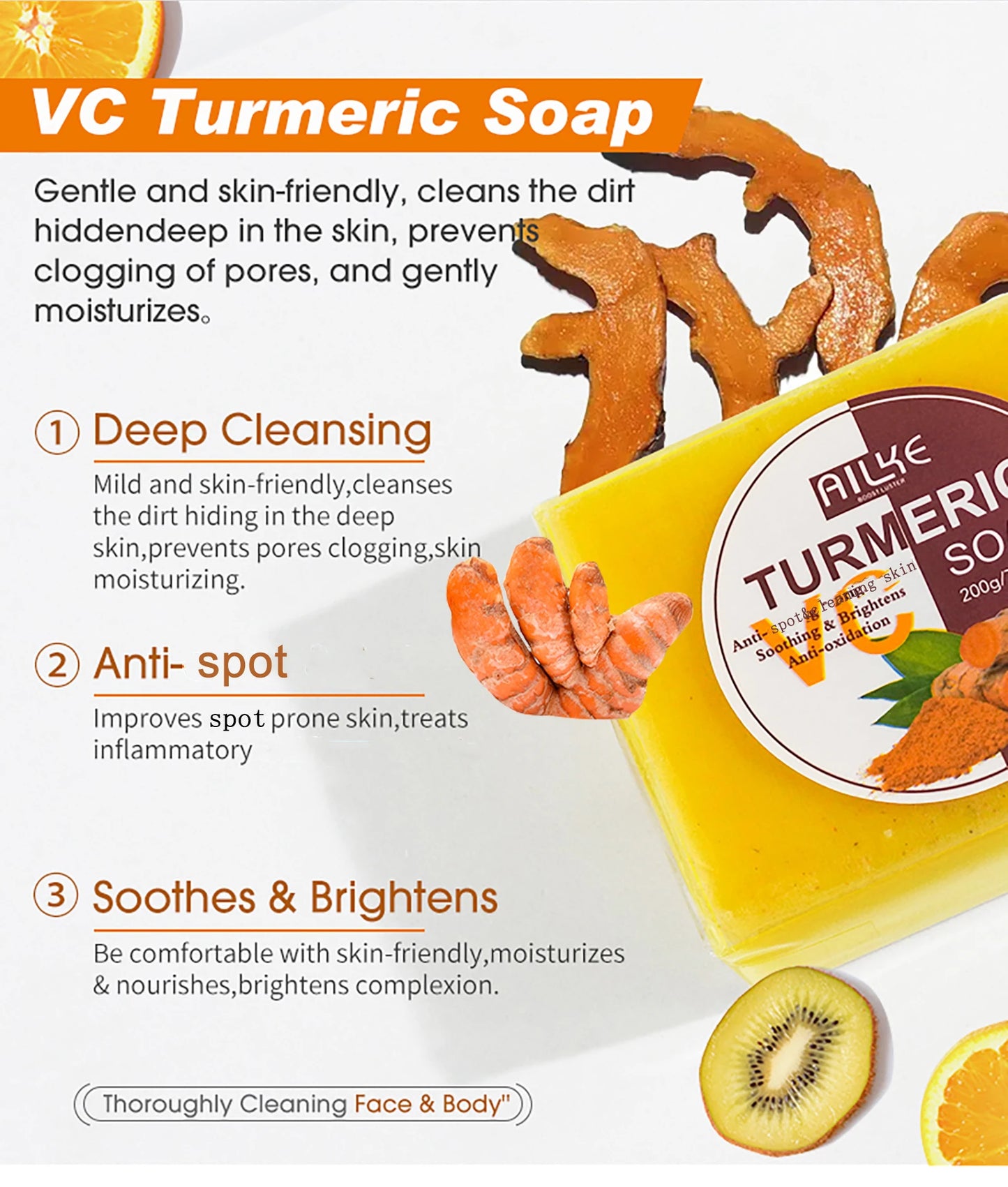 AILKE Natural Turmeric Soap Bar, Brighten, Remove Darkness, Acne, Pimples, Cleaning, Exfoliates, Uneven Skin Tone, 200g