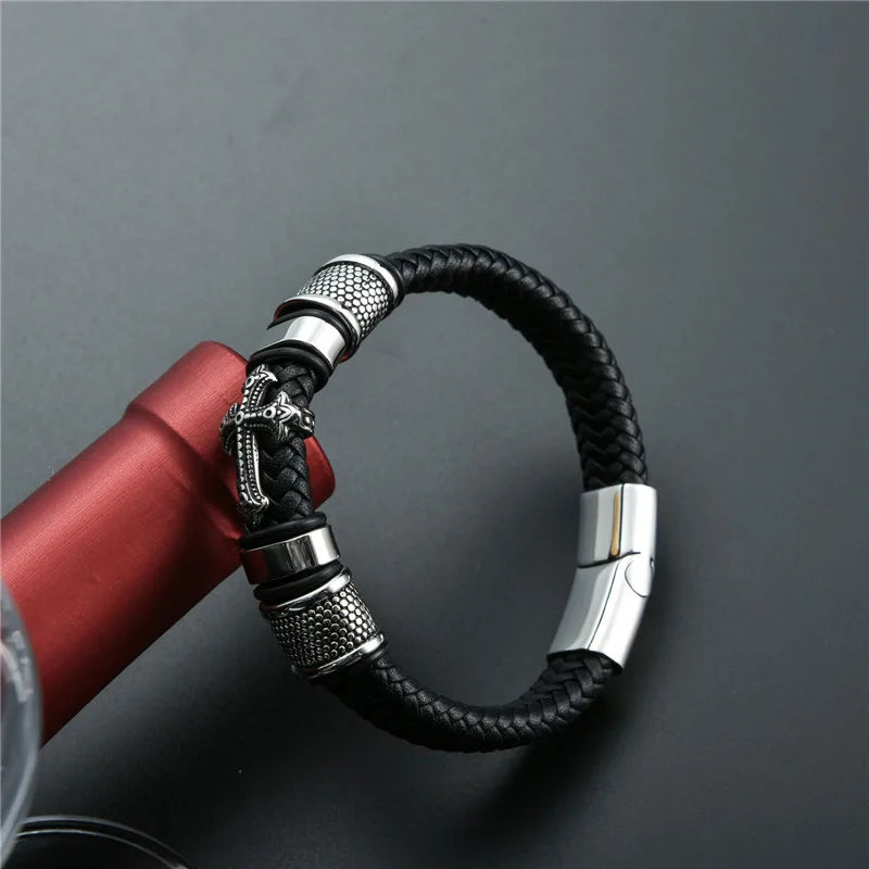 MKENDN Punk Style Stainless Steel Cross Leather Bracelet Men Charm 16 Strand Woven Leather Bracelet Magnet Clasp Boyfriend Gifts