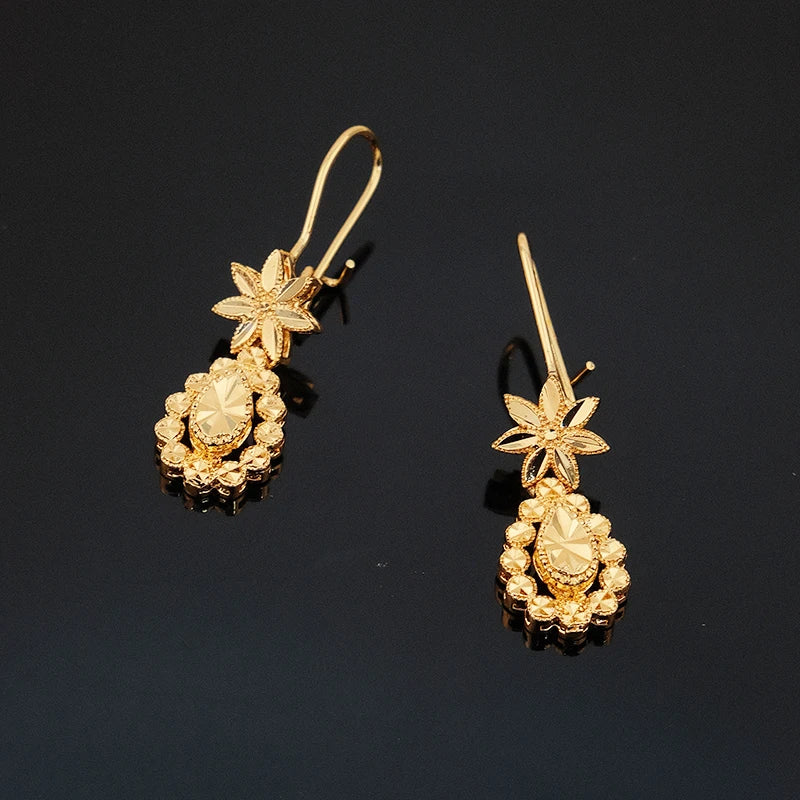 Luxury Gold Teardrop Jewelry Set Star Flower Pendant Necklace Hook Earrings 24K Gold Plated Dubai Style Bridal Wedding Jewelry