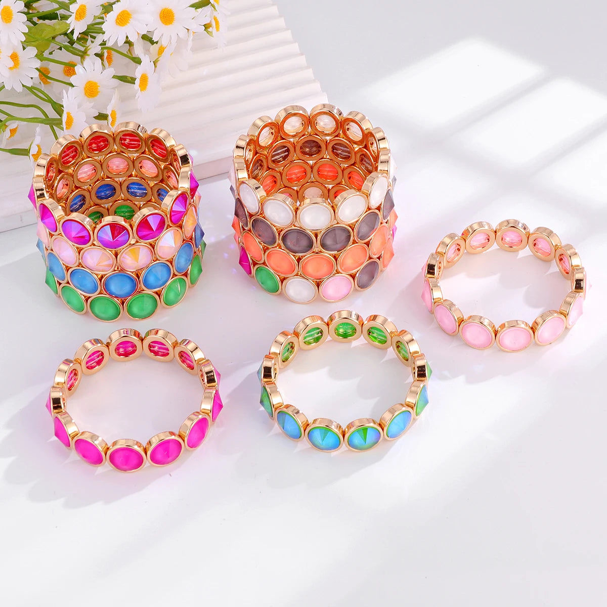 2026 New Design Gold Color Bracelets For Women Inlaid Colorful Glass Crystal Beads Elastic Bangle Candy Color Jewelry