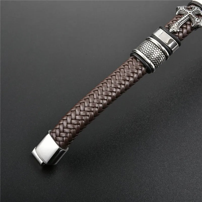 MKENDN Punk Style Stainless Steel Cross Leather Bracelet Men Charm 16 Strand Woven Leather Bracelet Magnet Clasp Boyfriend Gifts