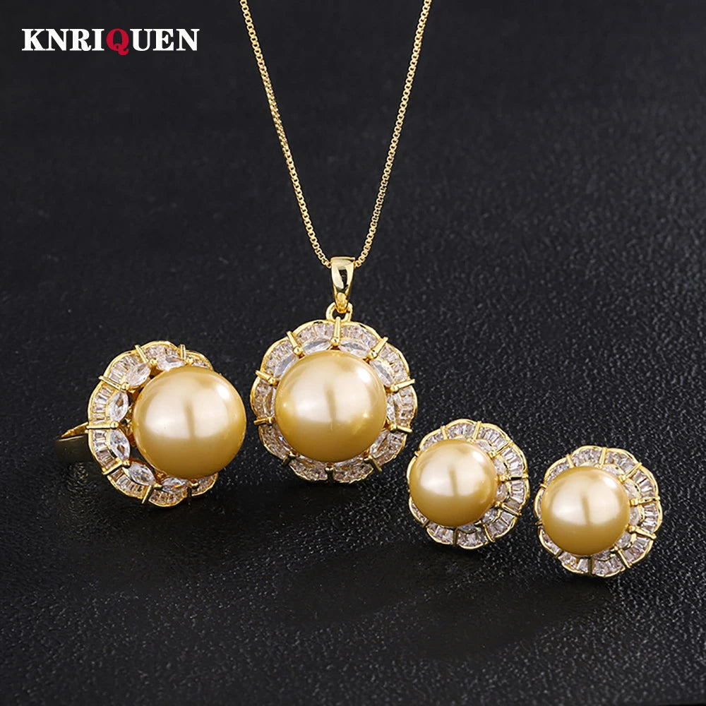 Luxury 12-16mm Pale Gold Color Pearl Lab Diamond Pendant Necklace Ring Earrings Women Party Jewelry Sets Elegant Birthday Gift