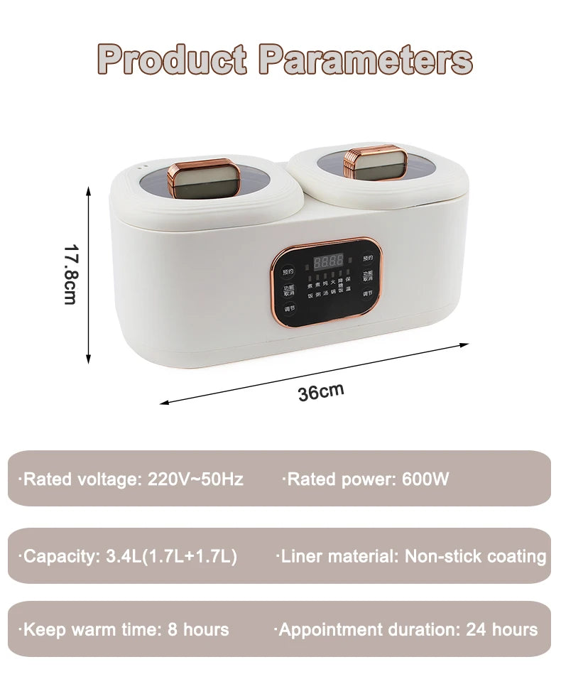 Electric Double-Liner Rice Cooker Heating Lunch Box Food Steamer Non-stick Pan Cooking Hot Pot Soup Stew Skillet Meals Heater
