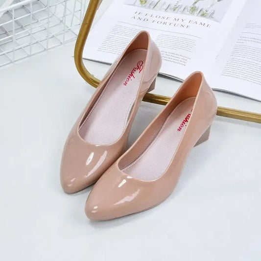 Women's New Pointed Toe Block Heel Rain Shoes Shallow Slip On Injection Molding Waterproof Work Shoes Lighweight Nude Shoes